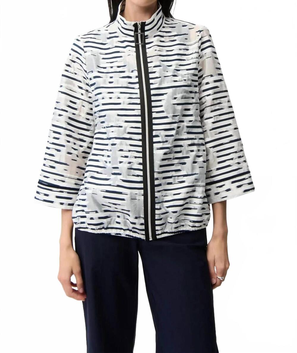 NEW JOSEPH RIBKOFF organza stripe zip up jacket in off-white/navy